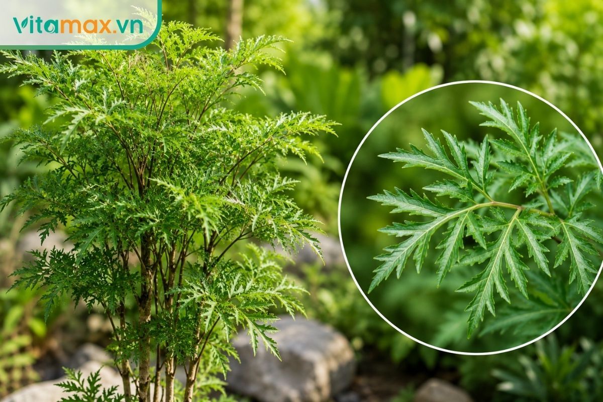 Cây đinh lăng xanh trong vườn kèm phần phóng to lá xẻ nhỏ, giúp người đọc nhận biết rõ đặc điểm của dược liệu.