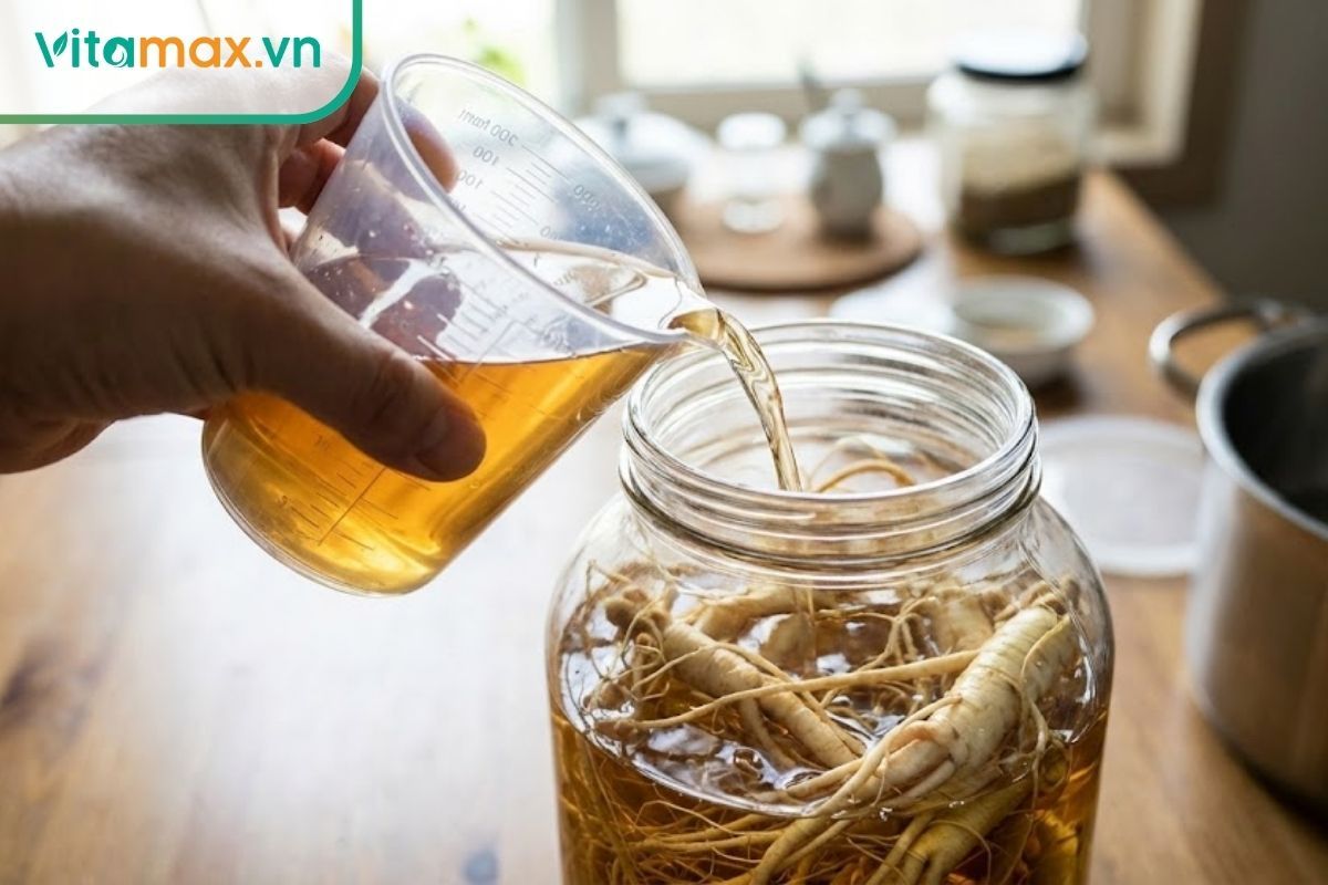 tay người đang đổ rượu nếp từ ca đong vào bình thủy tinh chứa sâm