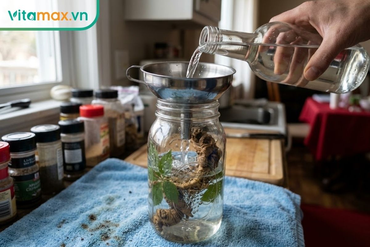Rót từ từ rượu trắng nguyên chất qua phễu vào bình thủy tinh sao cho lượng rượu ngập cao hơn bề mặt củ sâm Ngọc Linh.