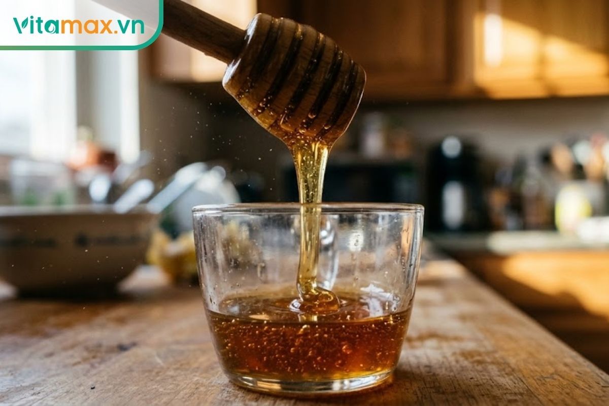 Cận cảnh dòng mật ong nguyên chất đặc sánh đang được rót ra, giúp minh họa khả năng làm dịu niêm mạc dạ dày.