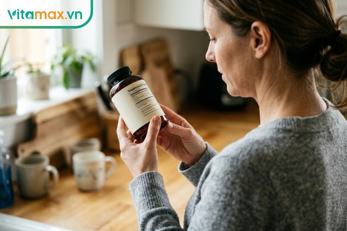 Góc chụp qua vai nhìn thấy một người mẹ đang cầm một lọ vitamin trẻ em trên tay và cẩn thận đọc bảng thành phần in chữ nhỏ phía sau vỏ chai.