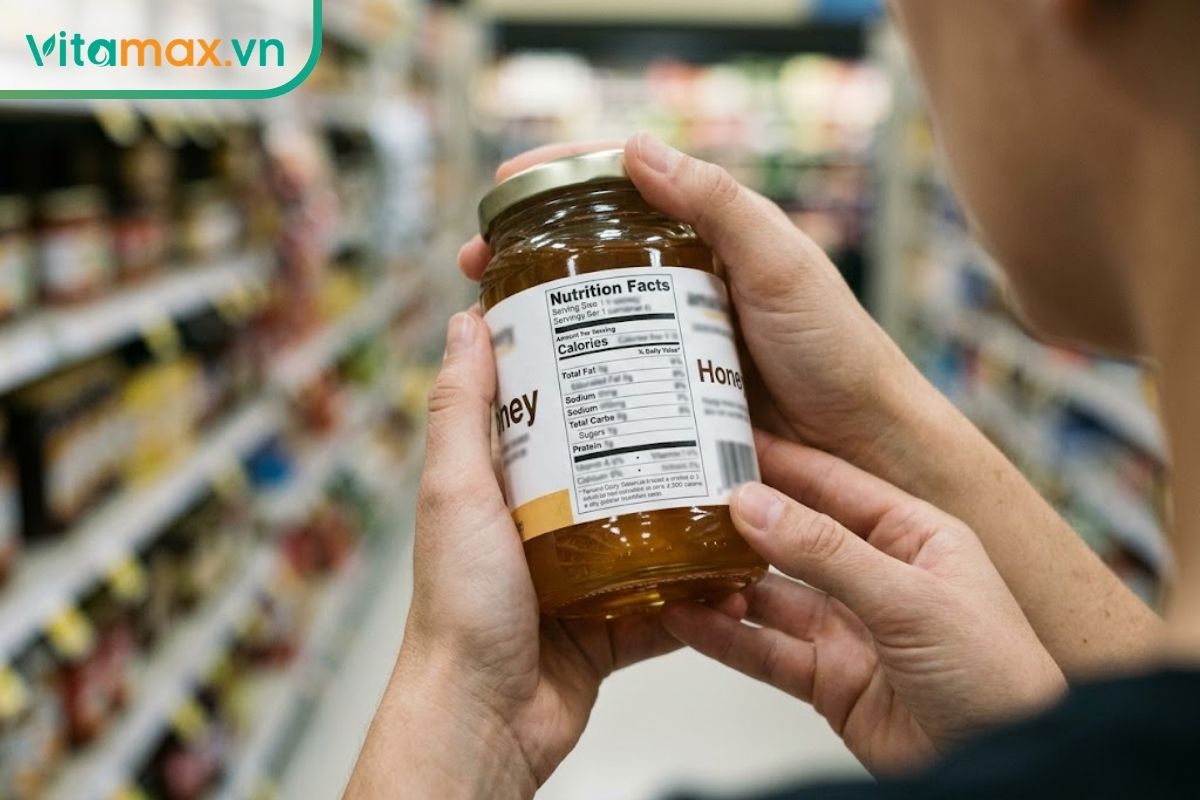 Góc chụp qua vai nhìn xuống bàn tay một người đang cầm lọ mật ong lên để đọc kỹ bảng thành phần và thông tin dinh dưỡng in trên nhãn dán phía sau.