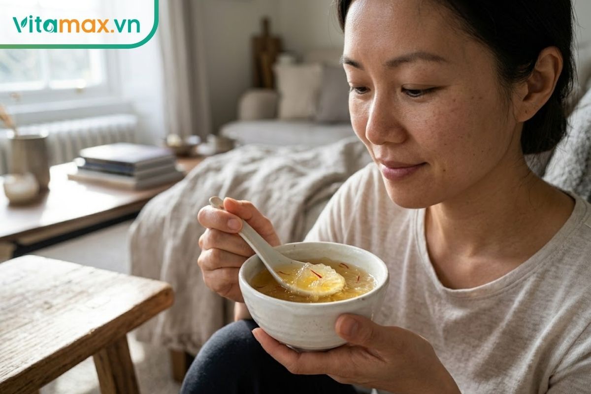 Một người phụ nữ đang ngồi trong không gian phòng khách ấm cúng, tay cầm chiếc thìa nhỏ nhẹ nhàng thưởng thức bát yến chưng.