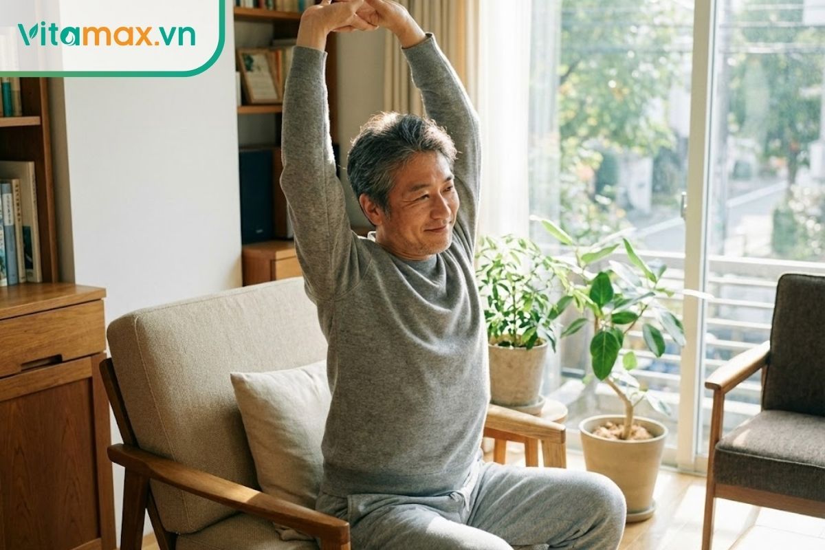 Một người đàn ông trung niên châu Á trông khỏe mạnh và thư thái đang ngồi nghỉ ngơi trong phòng khách sáng sủa.