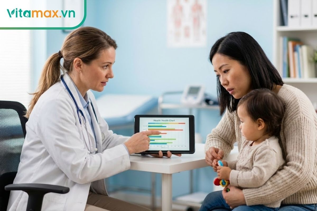 Bác sĩ nhi khoa đang tư vấn kỹ lưỡng cho phụ huynh về độ tuổi và liều lượng sử dụng dược liệu cho trẻ.