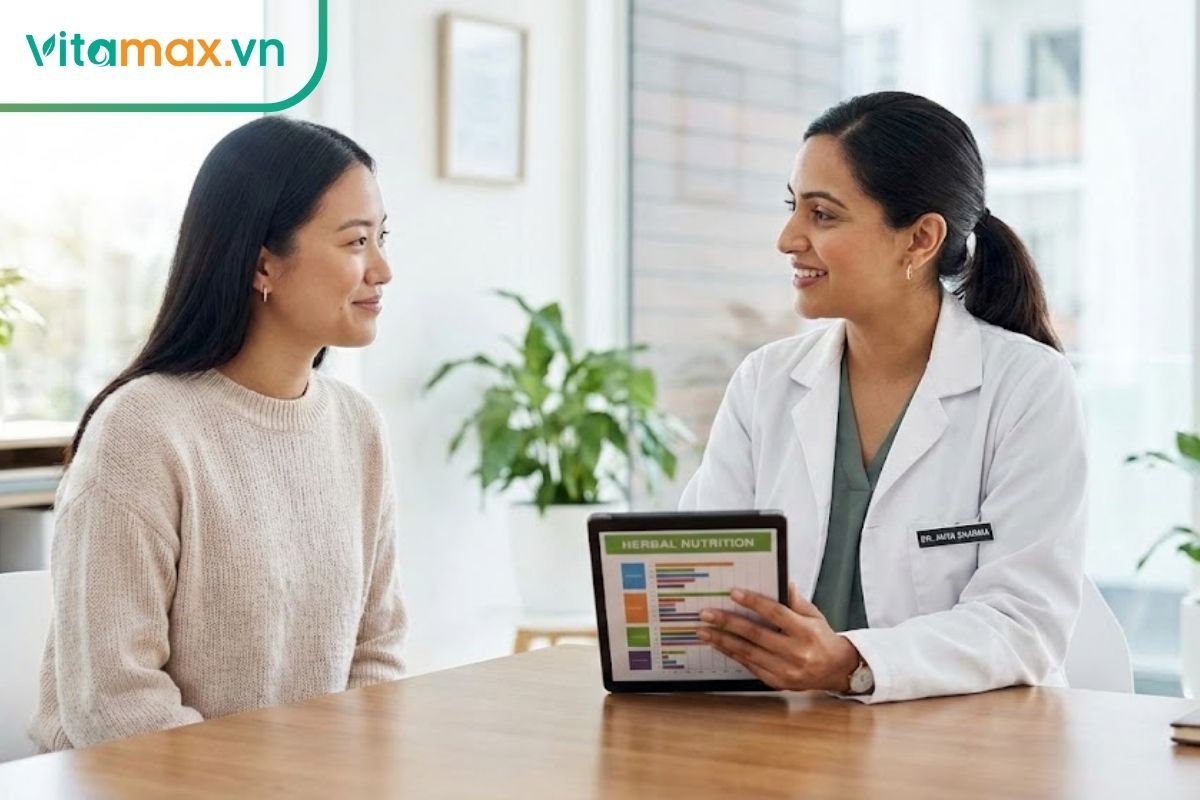 Bác sĩ đang tư vấn kỹ lưỡng cho phụ nữ sau sinh về việc sử dụng đông trùng hạ thảo an toàn và khoa học.