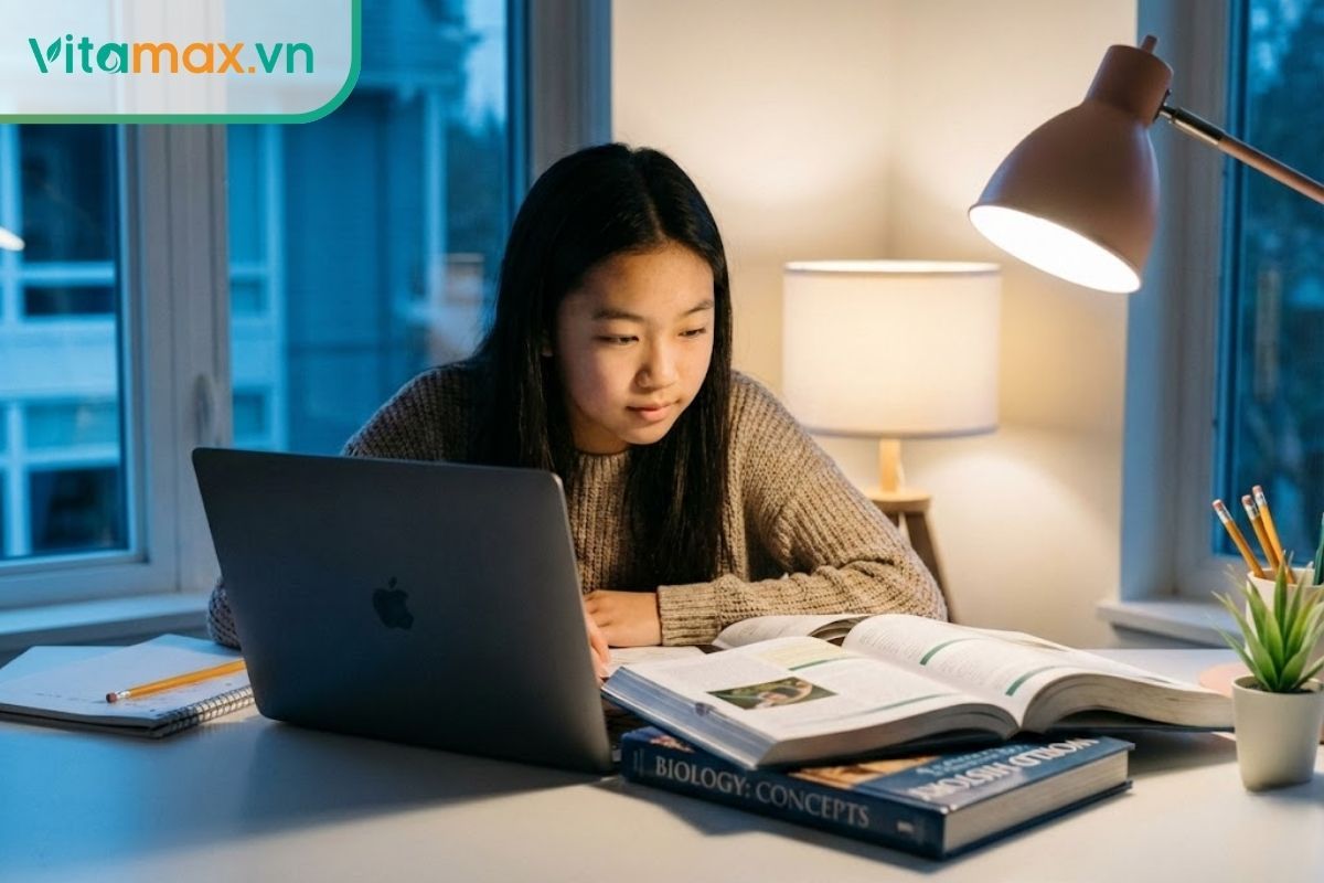 Học sinh trung học đang tập trung ôn thi trong không gian yên tĩnh, minh họa cho tác dụng giảm mệt mỏi của đông trùng hạ thảo.