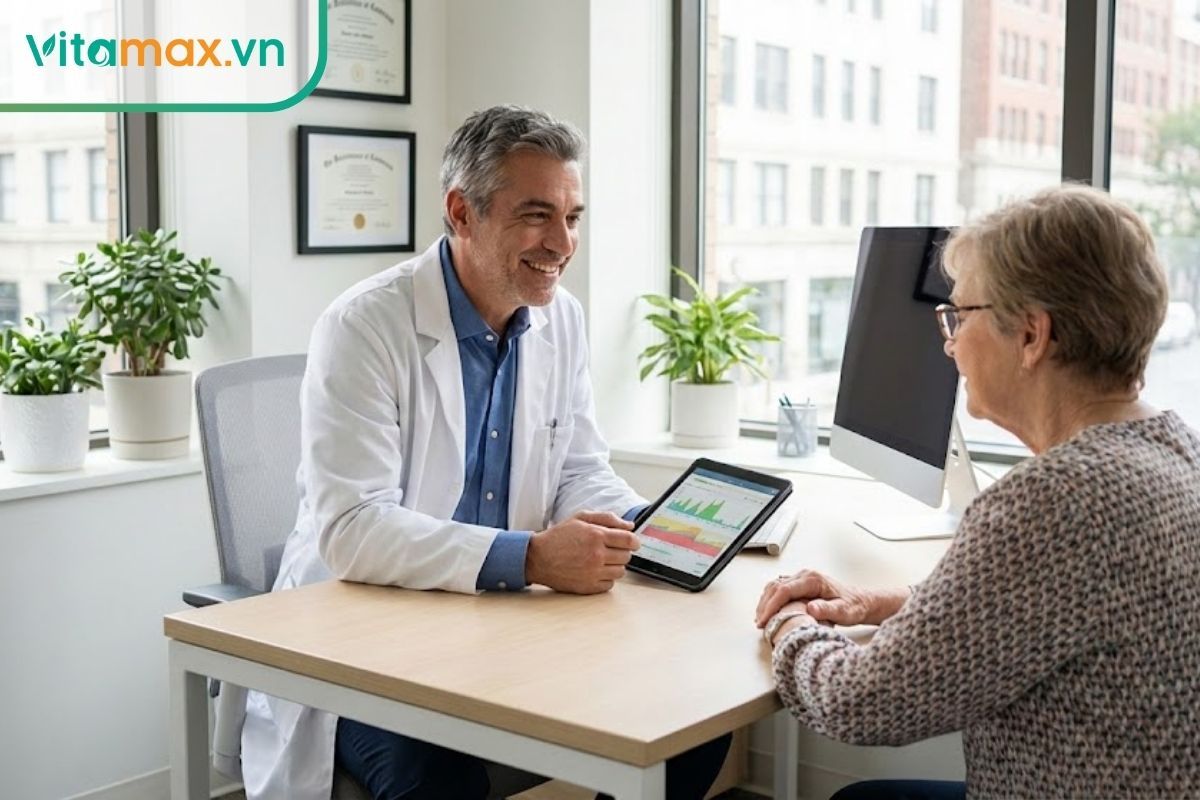 Bác sĩ đang tư vấn chế độ dinh dưỡng và sử dụng thực phẩm bổ sung cho người cao tuổi bị tiểu đường.