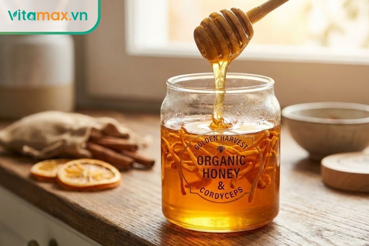 Hũ thủy tinh chứa mật ong vàng óng ngâm cùng sợi đông trùng hạ thảo, thìa gỗ đang múc mật ong sánh mịn.