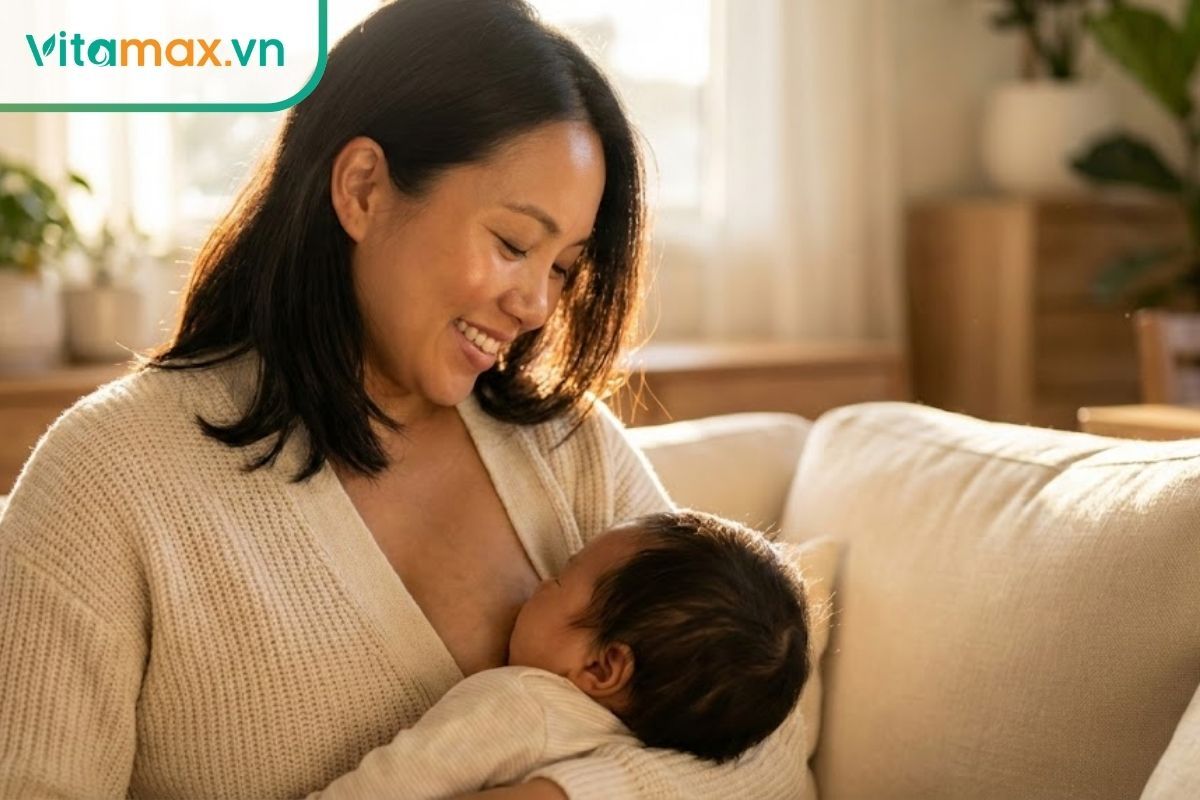 Người mẹ khỏe mạnh, rạng rỡ đang cho con bú, minh họa cho lợi ích hỗ trợ nguồn sữa và đề kháng của đông trùng hạ thảo.