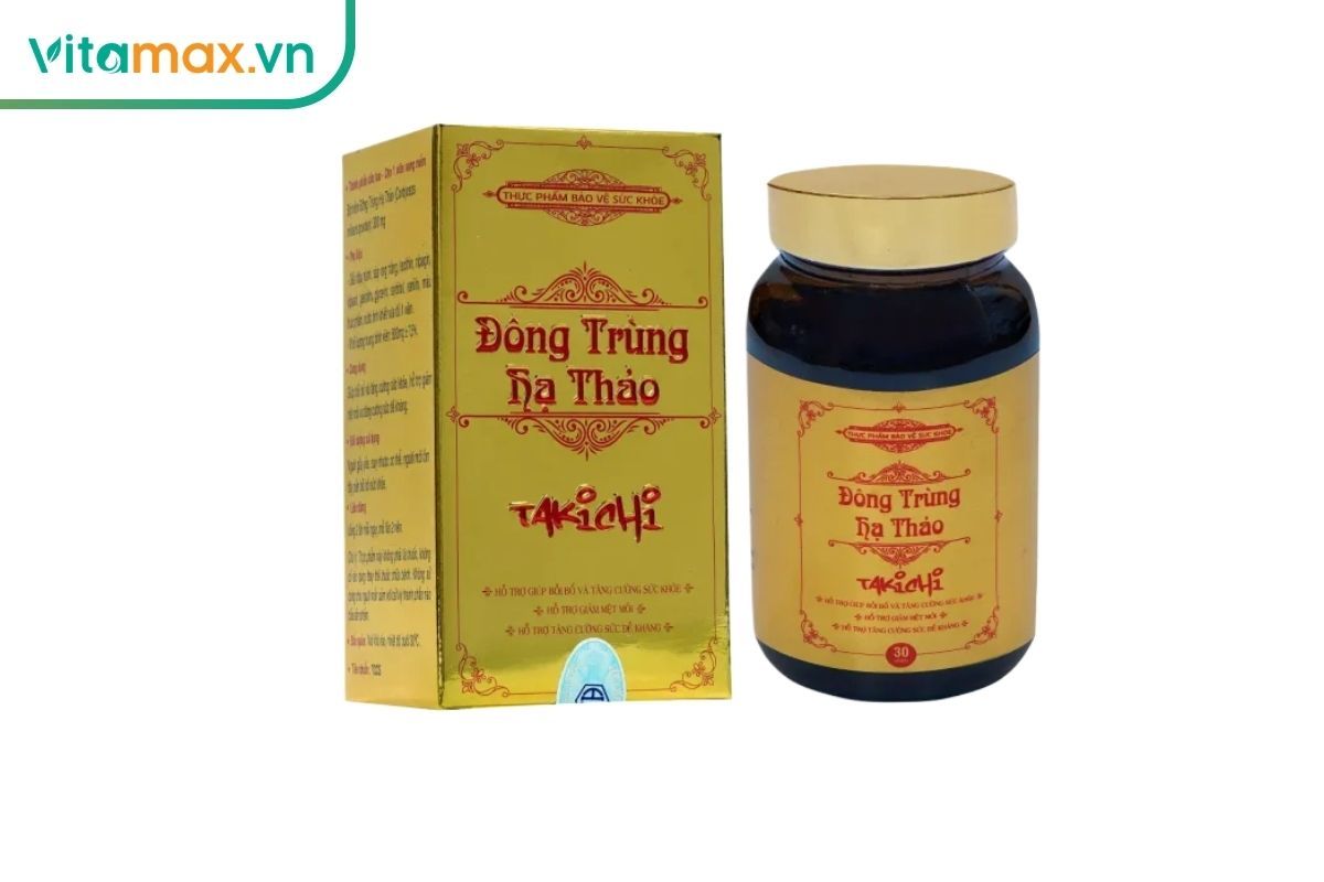 Hộp và lọ Đông Trùng Hạ Thảo Takichi 30 viên màu vàng, sản phẩm bổ sung đông trùng dạng viên cho người trưởng thành