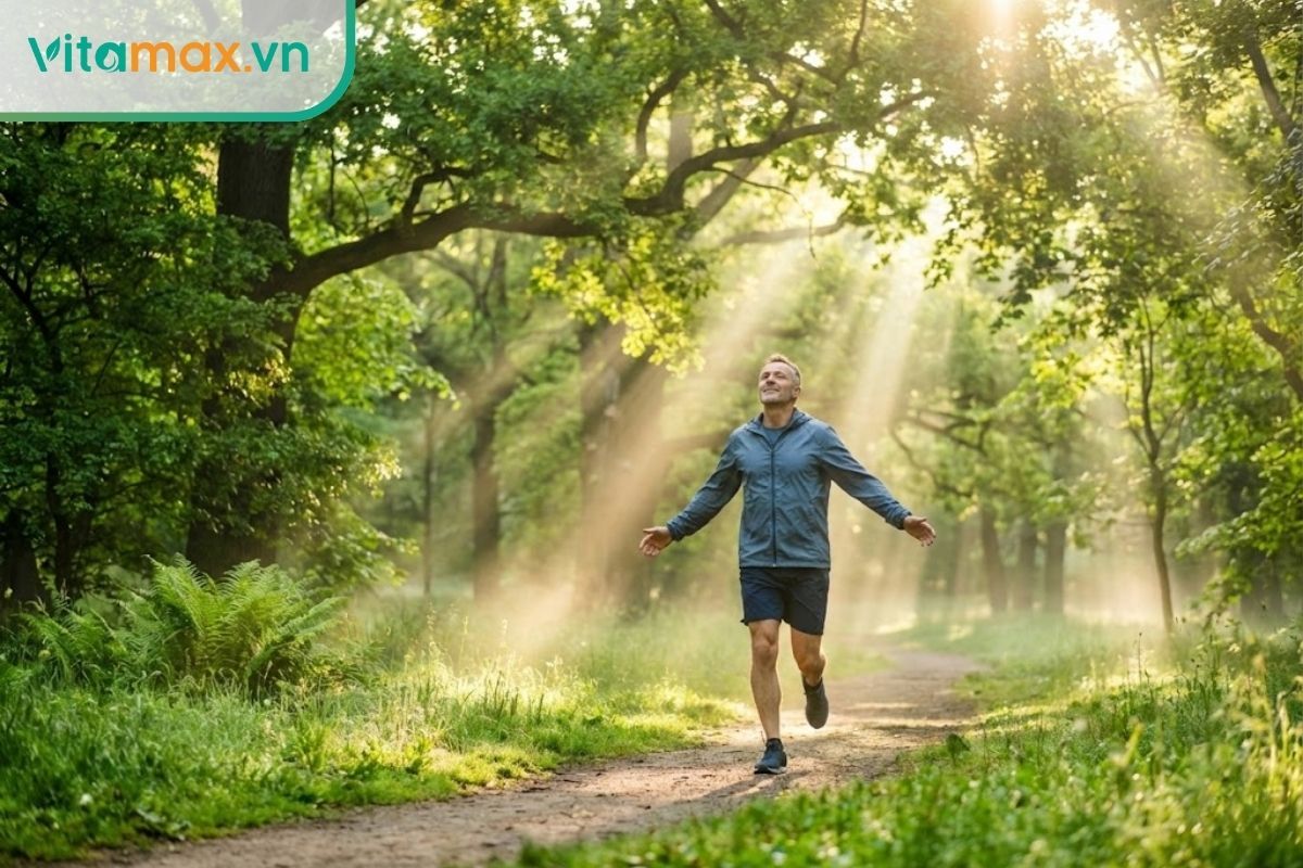 Người đàn ông đang hít thở sâu không khí trong lành buổi sáng tại công viên, biểu tượng cho hệ hô hấp khỏe mạnh.