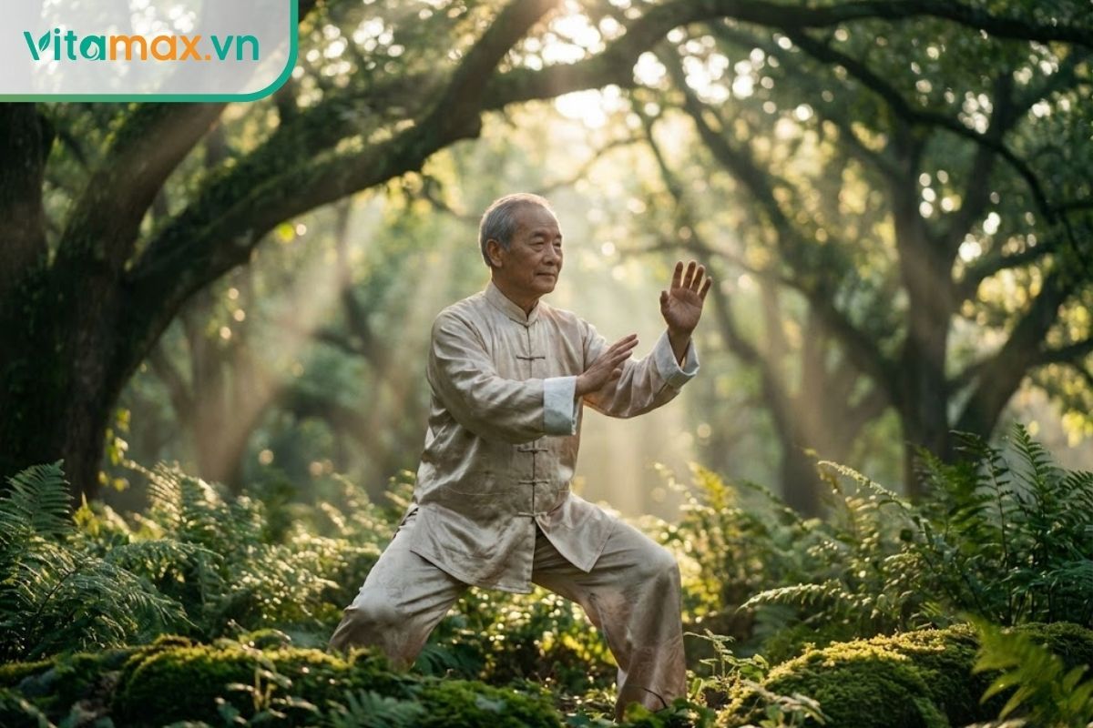 Người cao tuổi tập dưỡng sinh buổi sáng giúp lưu thông khí huyết và hỗ trợ sức khỏe tim mạch.