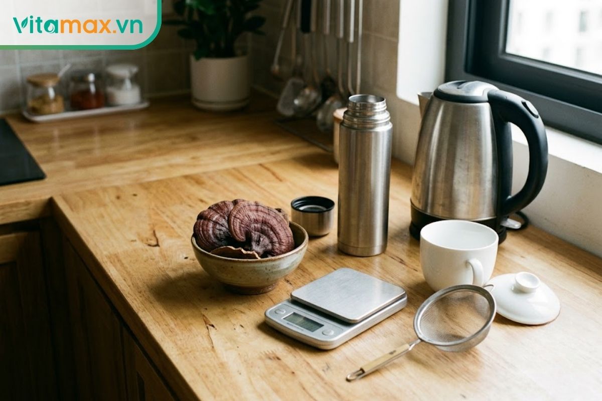Nấm linh chi khô thái lát đặt cạnh bình giữ nhiệt inox, cốc sứ, túi lọc trà và cân nhỏ trên mặt bàn gỗ sạch trong bếp gia đình.
