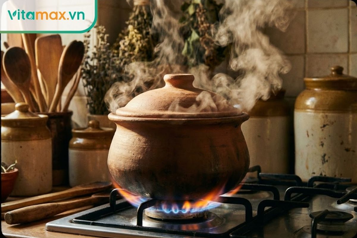 nồi đất đang nấu canh trên bếp lửa nhỏ liu riu