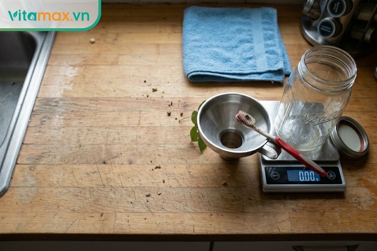 Các dụng cụ cơ bản để ngâm rượu sâm Ngọc Linh gồm bình thủy tinh nắp kín, bàn chải mềm, phễu rót và cân điện tử.