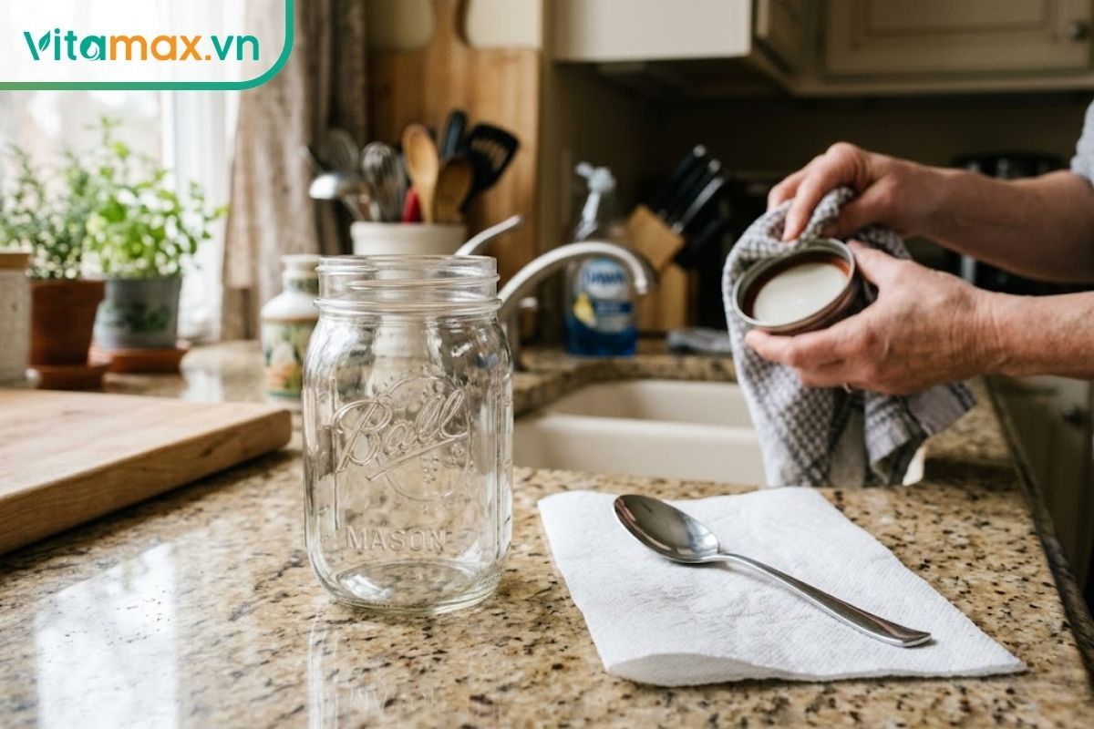 Hũ thủy tinh và muỗng được lau khô hoàn toàn trước khi ngâm tỏi đen.