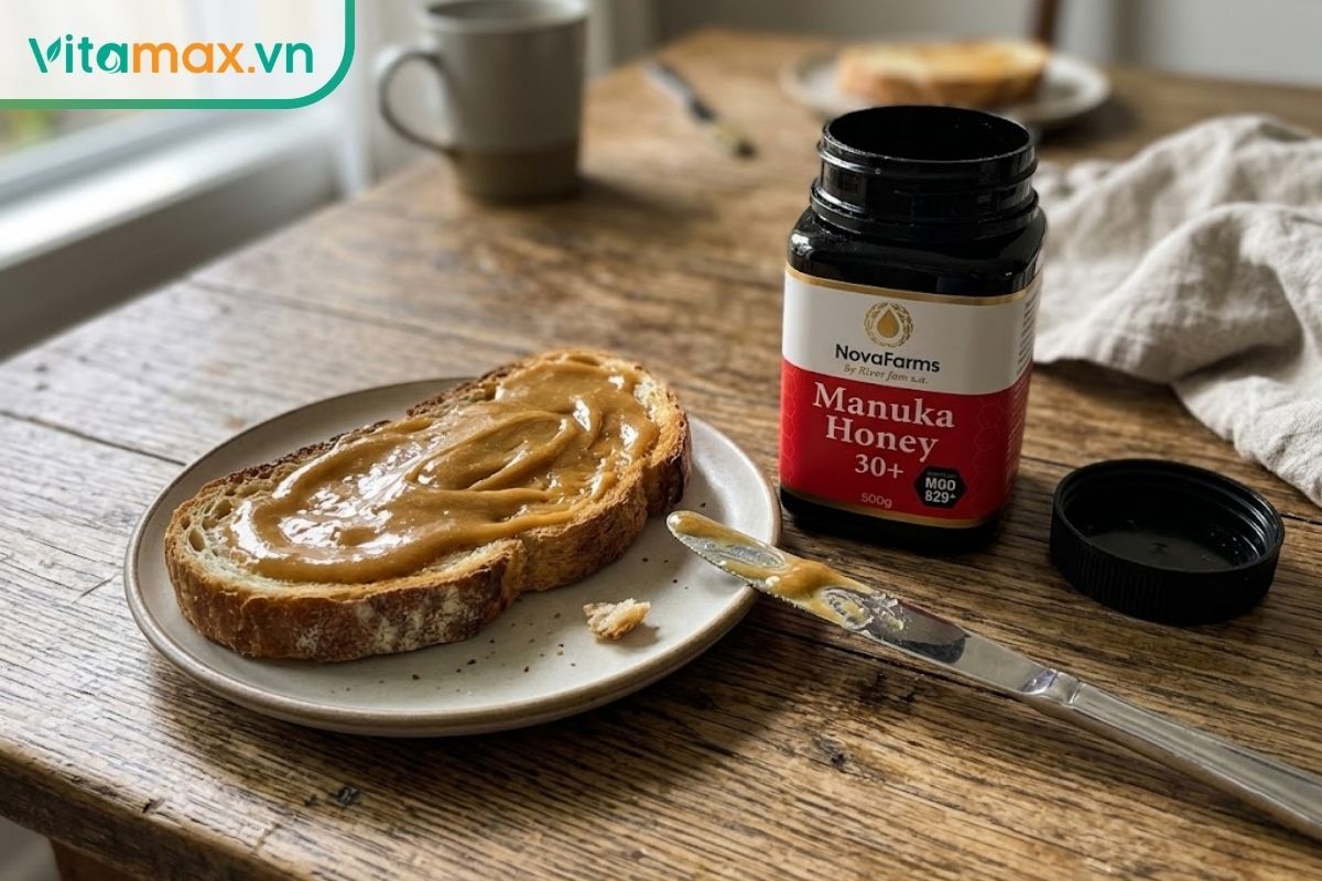 Bữa sáng gia đình đơn giản với một lát bánh mì nướng được phết lớp mật ong Manuka mỏng, minh họa cách dùng mật ong chỉ số thấp mỗi ngày.