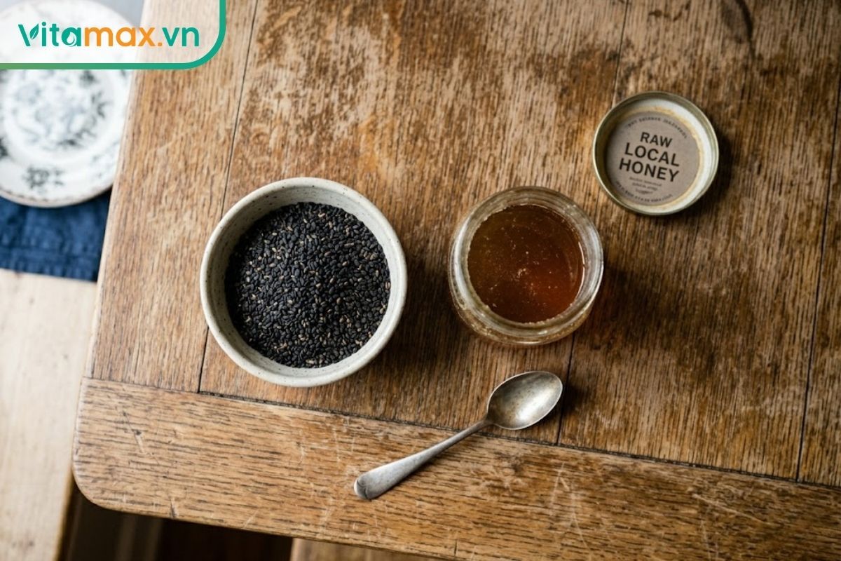 Một bát nhỏ đựng hạt vừng đen rang chín được đặt ngay cạnh một hũ mật ong nguyên chất trên chiếc bàn ăn bằng gỗ.