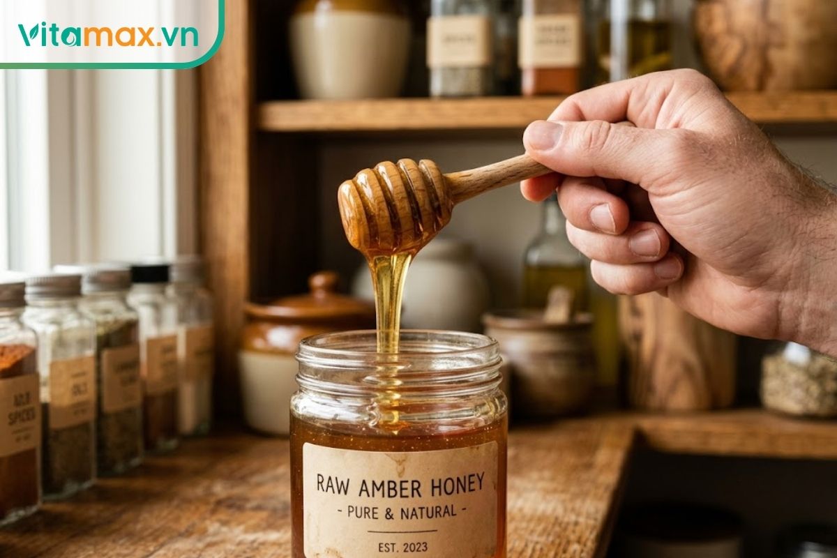 Tay người đang dùng một chiếc muỗng gỗ khô ráo và sạch sẽ để lấy mật ong từ trong hũ thủy tinh, đảm bảo không có nước lẫn vào.