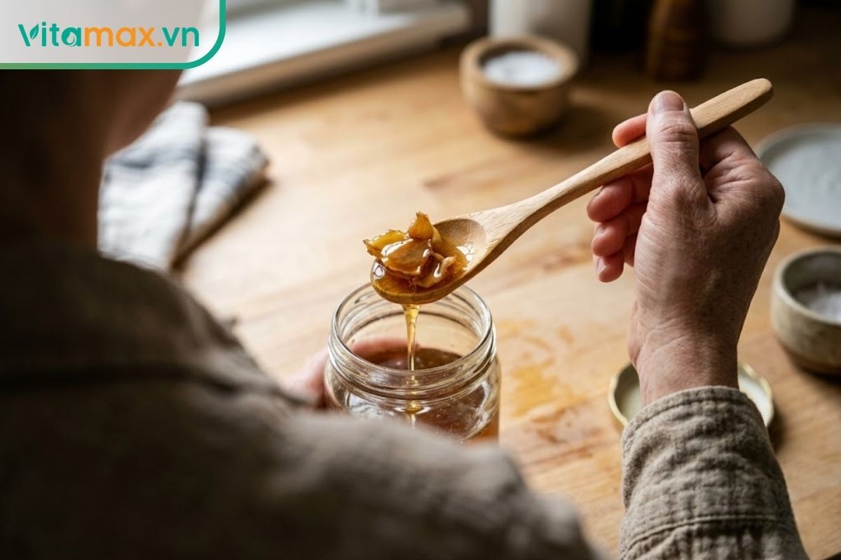 Dùng muỗng gỗ hoàn toàn khô và sạch để múc một lát sâm Ngọc Linh ngâm mật ong ra khỏi hũ thủy tinh.