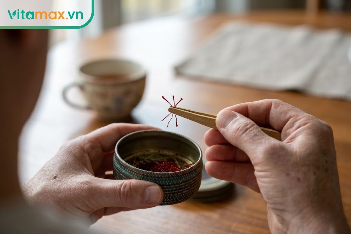 Tay người đang dùng kẹp gỗ nhỏ khô ráo để gắp từng sợi saffron từ trong hũ ra ngoài một cách cẩn thận.