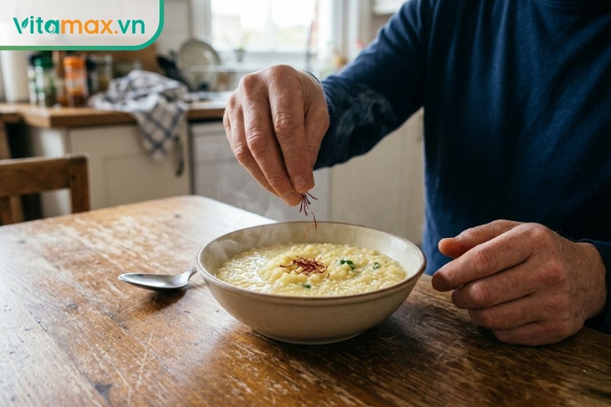 Cận cảnh đôi tay đang nhẹ nhàng rắc những sợi nhụy hoa nghệ tây đỏ sậm vào một tô súp ấm nóng để tăng dinh dưỡng.