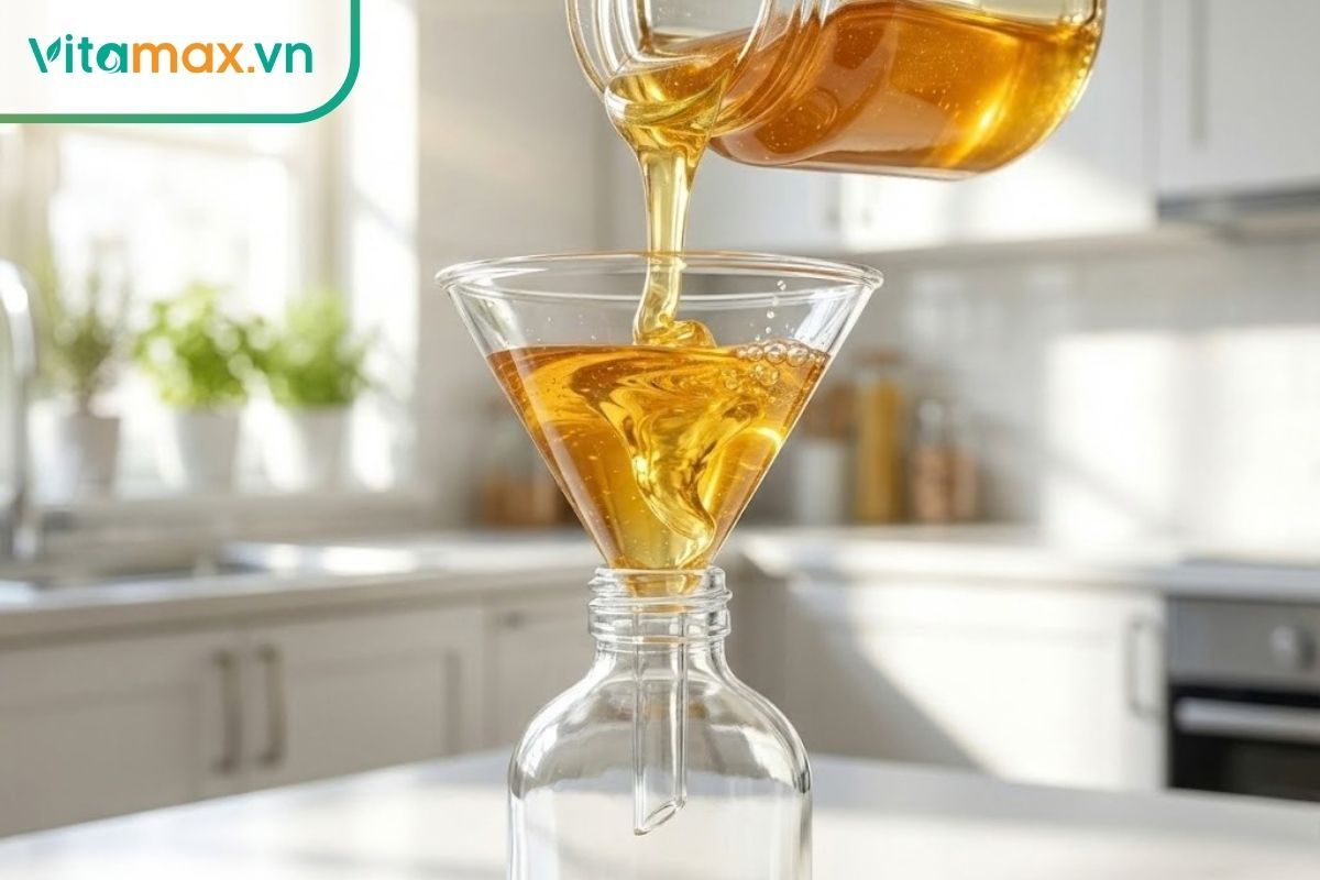 Sử dụng phễu sạch để chiết rót mật ong vào chai thủy tinh gọn gàng, vệ sinh và không bị tràn.