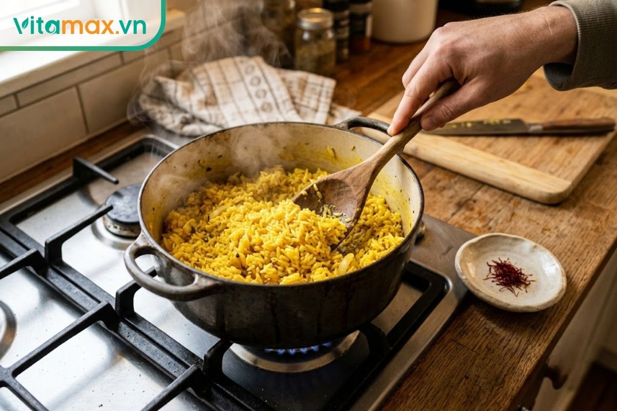 Một nồi cơm đang được nấu trên bếp, hạt cơm có màu vàng ươm đẹp mắt nhờ được thêm một chút nhụy hoa nghệ tây, bốc khói nghi ngút.