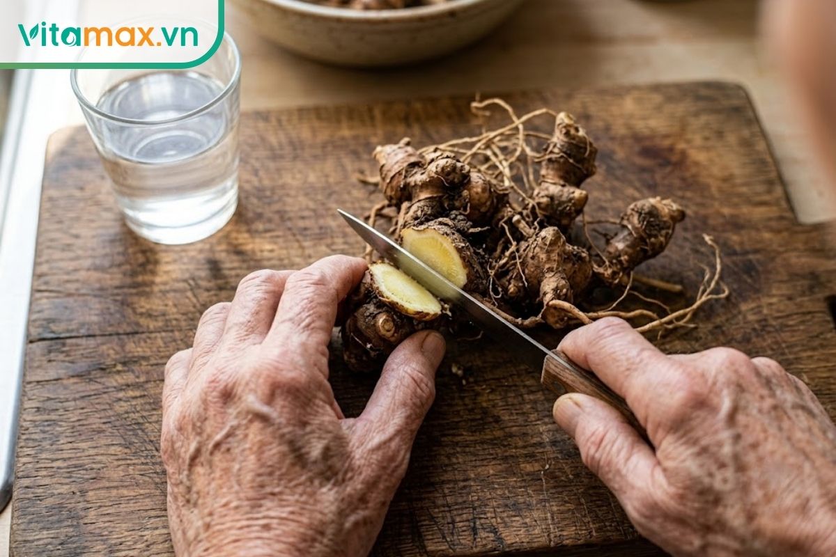 Cận cảnh đôi bàn tay đang dùng dao thái những lát mỏng từ một củ sâm tươi trên thớt gỗ, cho thấy rõ vân sâm và chất liệu tự nhiên, bên cạnh là một cốc nước.