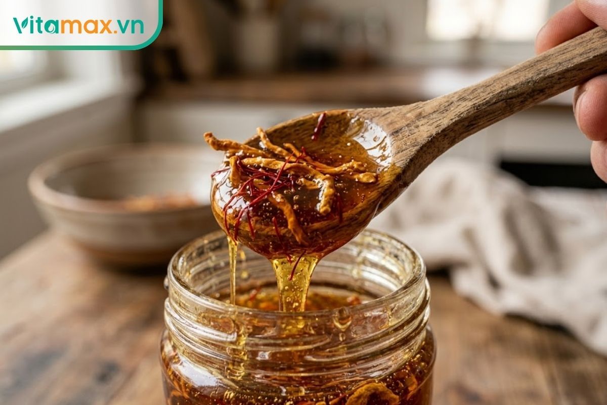 Cận cảnh một chiếc thìa gỗ khô, sạch đang múc một lượng nhỏ mật ong đặc sánh quyện cùng sợi saffron đỏ và đông trùng hạ thảo ra khỏi hũ thủy tinh.