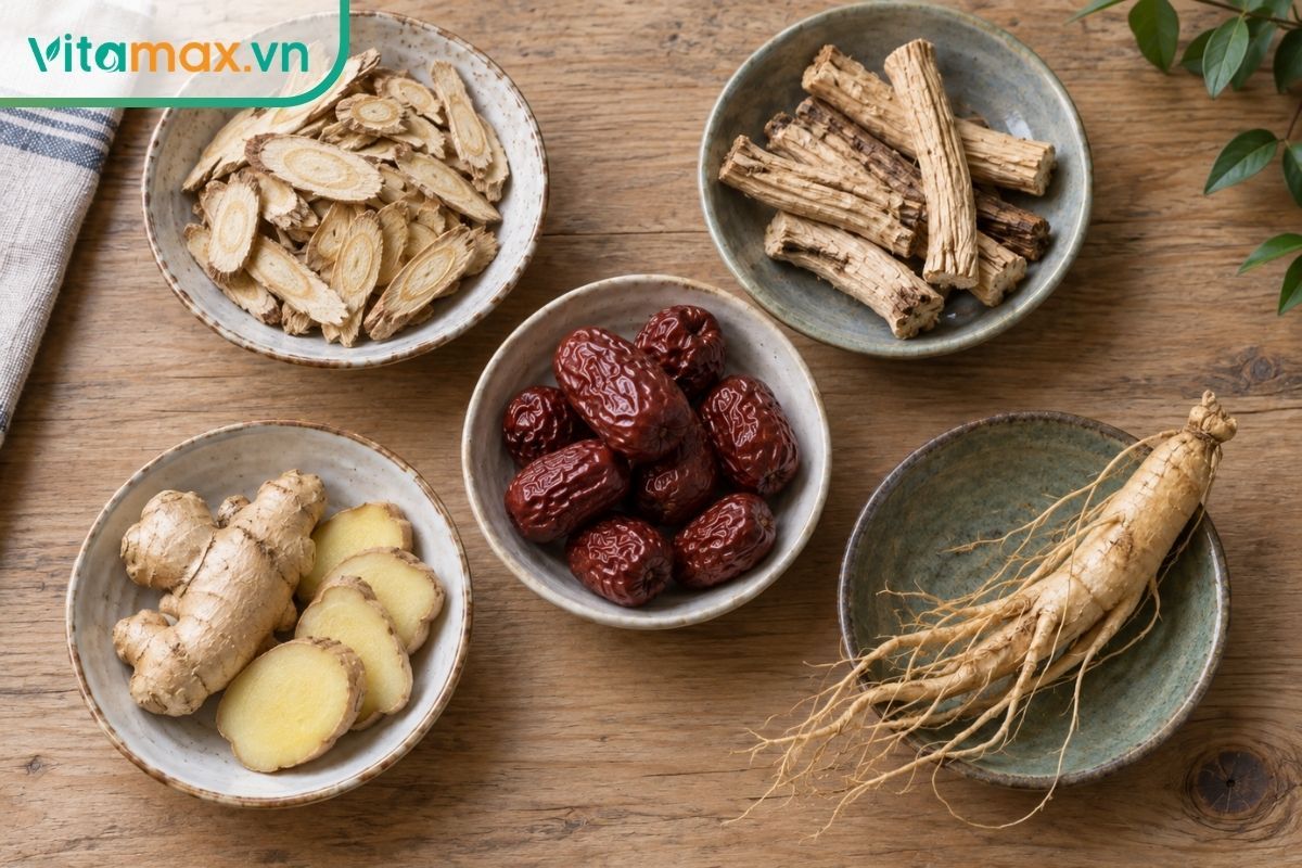 Hoàng kỳ, đảng sâm, đại táo, gừng và nhân sâm đặt riêng từng nhóm, minh họa các dược liệu được đề cập trong bài.