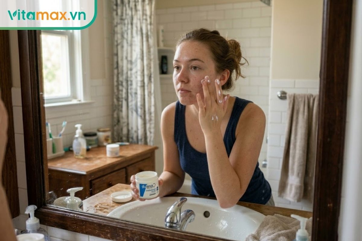 Thoa một lớp kem dưỡng ẩm mỏng nhẹ lên da mặt sau khi đã rửa sạch lớp mặt nạ mật ong trị mụn để làm dịu da.