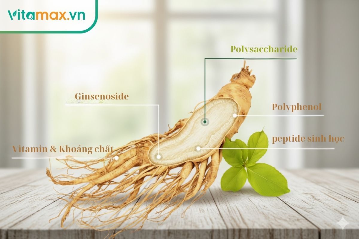 Infographic mô tả các dưỡng chất chính trong nhân sâm Hàn Quốc như Ginsenoside và Polysaccharide cùng tác dụng y học.