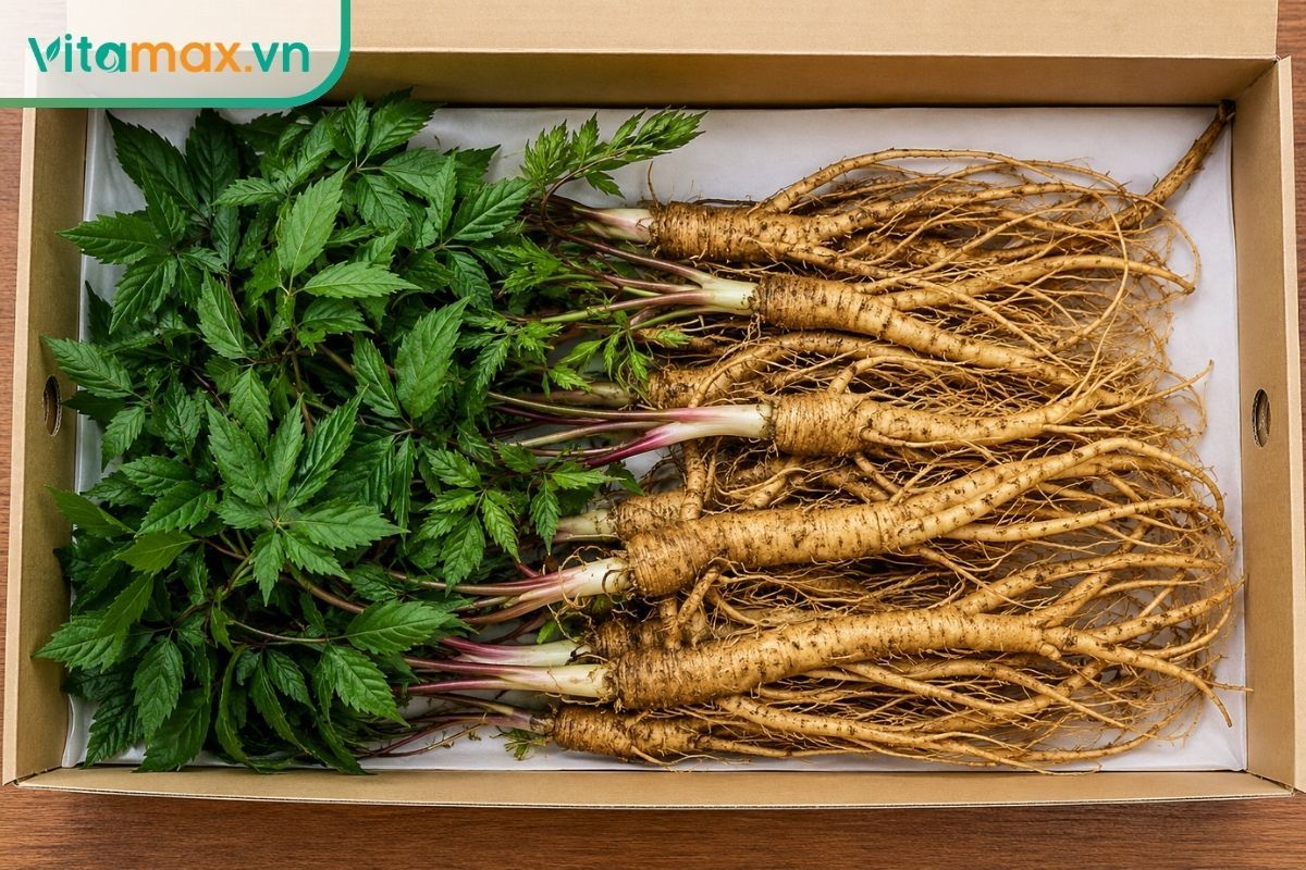 Cây đương quy tươi gồm lá xẻ lông chim và bộ rễ dài đặt trong hộp