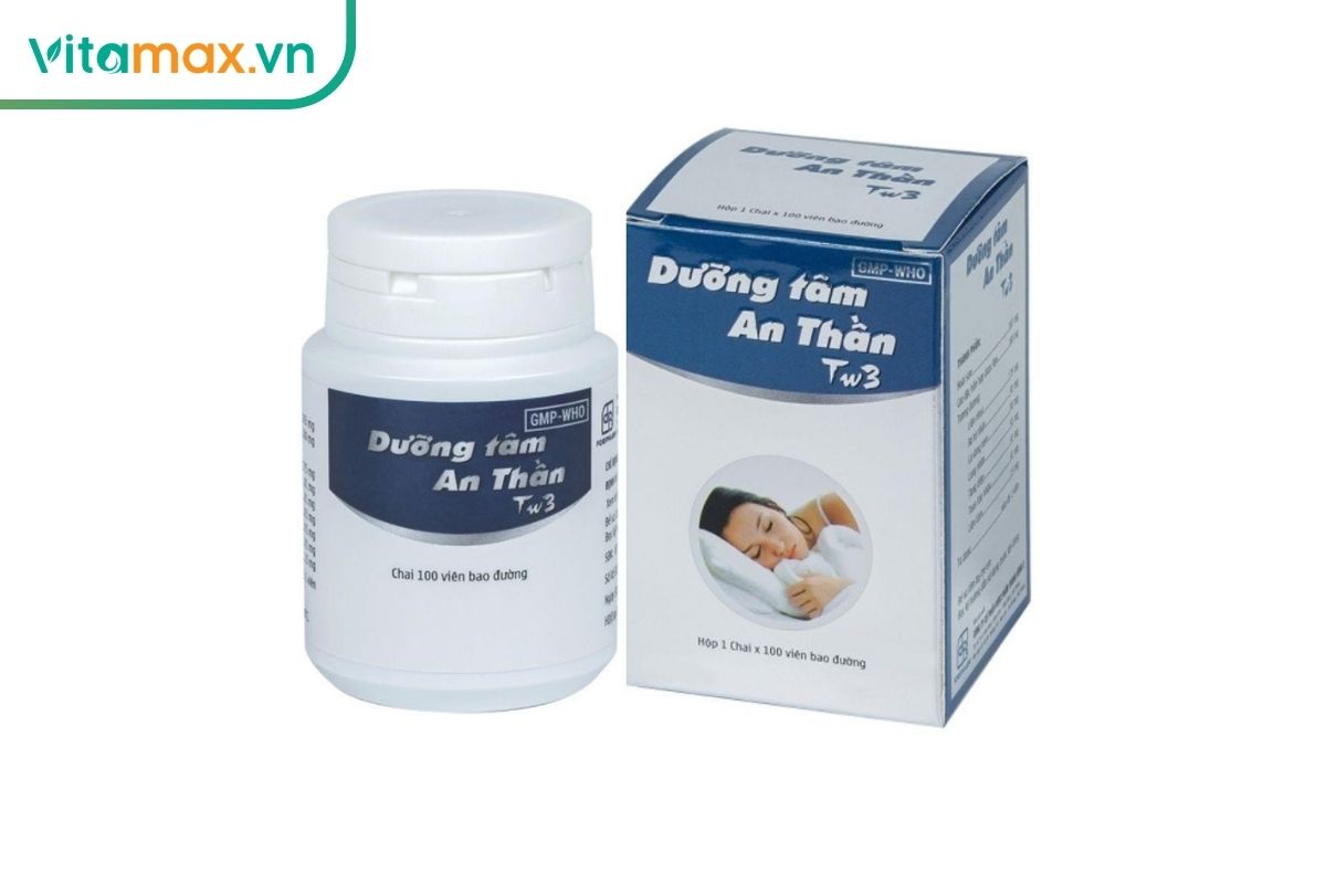 Chai và hộp Dưỡng Tâm An Thần TW3 màu trắng xanh, dạng thuốc dược liệu đóng lọ 100 viên bao đường
