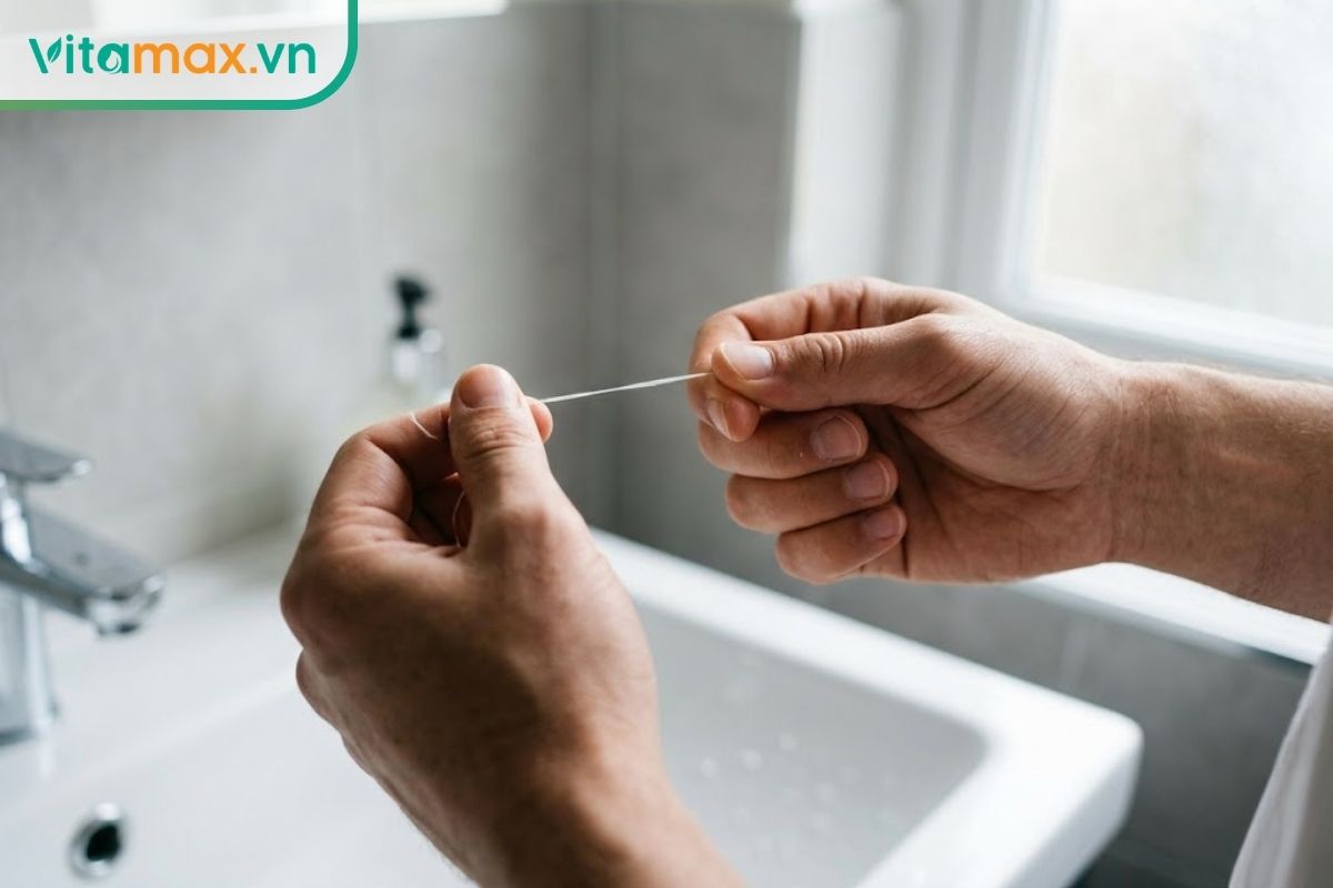 Cận cảnh đôi bàn tay đang cầm một đoạn chỉ nha khoa màu trắng, chuẩn bị làm sạch răng trước một bồn rửa mặt bằng sứ trong phòng tắm sáng sủa.