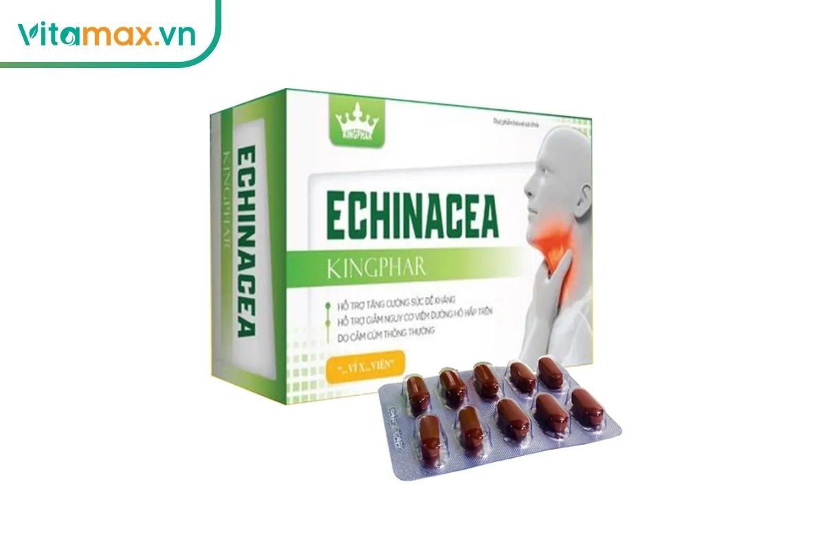 Hộp Echinacea Kingphar cùng vỉ viên màu nâu, sản phẩm cúc nhím hỗ trợ chăm sóc sức đề kháng thời điểm giao mùa