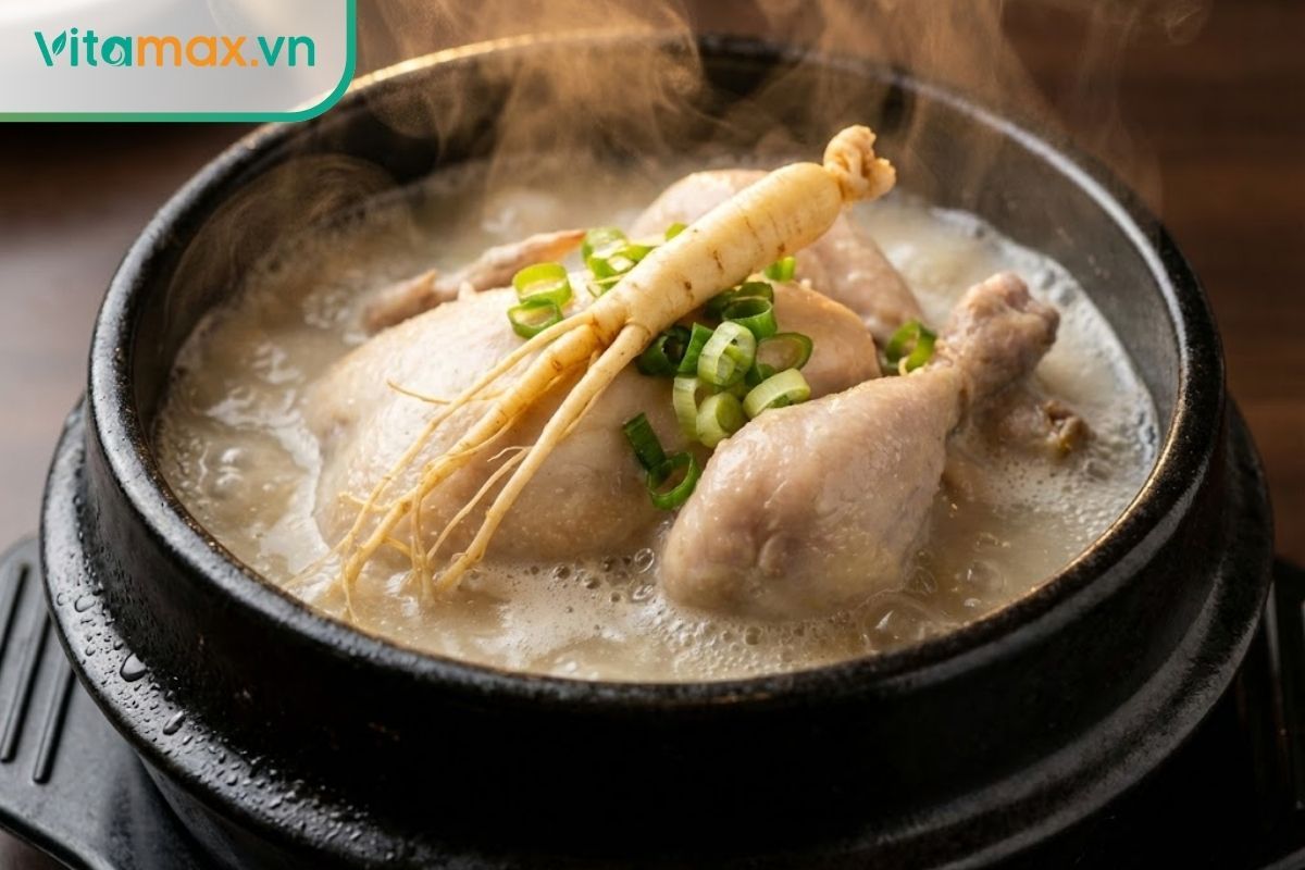 Món gà hầm sâm nguyên con trong thố đá nóng hổi.