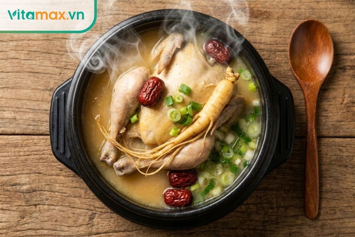 món gà hầm sâm táo đỏ nguyên con trong thố đá nóng hổi