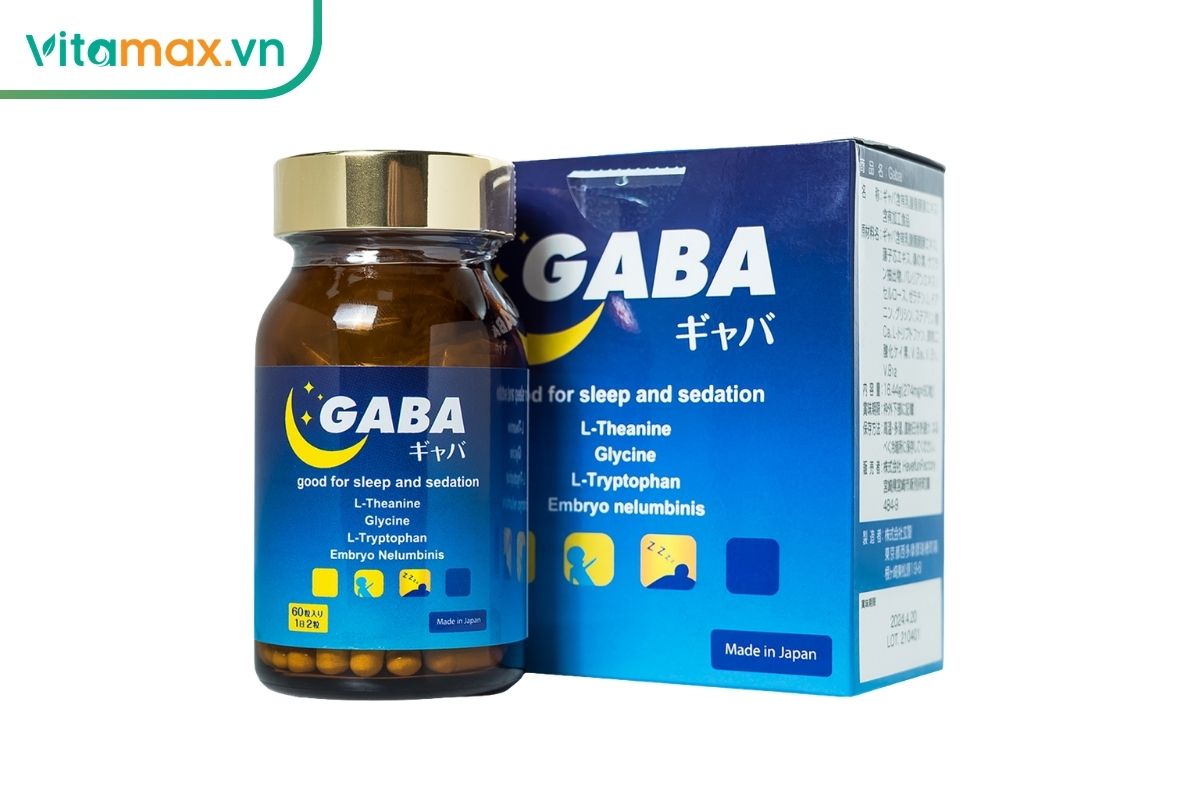 Lọ và hộp Gaba Jpanwell màu xanh với viên nang bên trong, công thức kết hợp GABA, acid amin và thảo dược