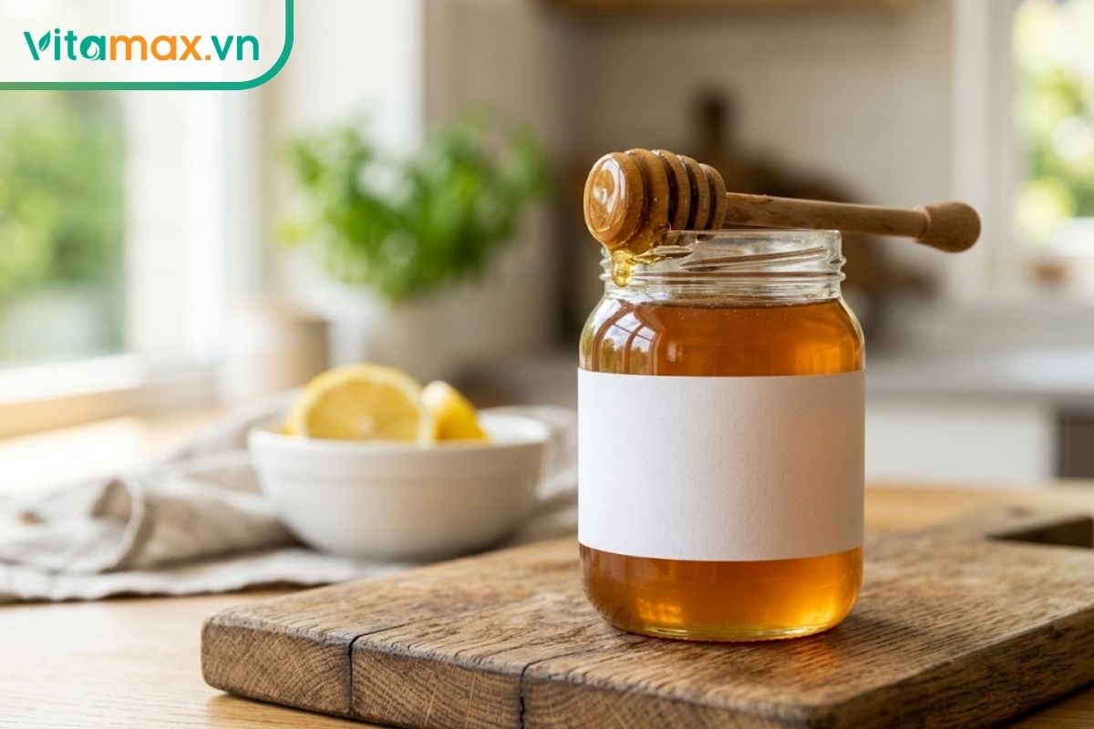 Chụp qua vai một người đang dùng bút ghi chép cẩn thận vào cuốn sổ tay dinh dưỡng trên bàn làm việc, bên cạnh là một ly trà pha mật ong ấm.