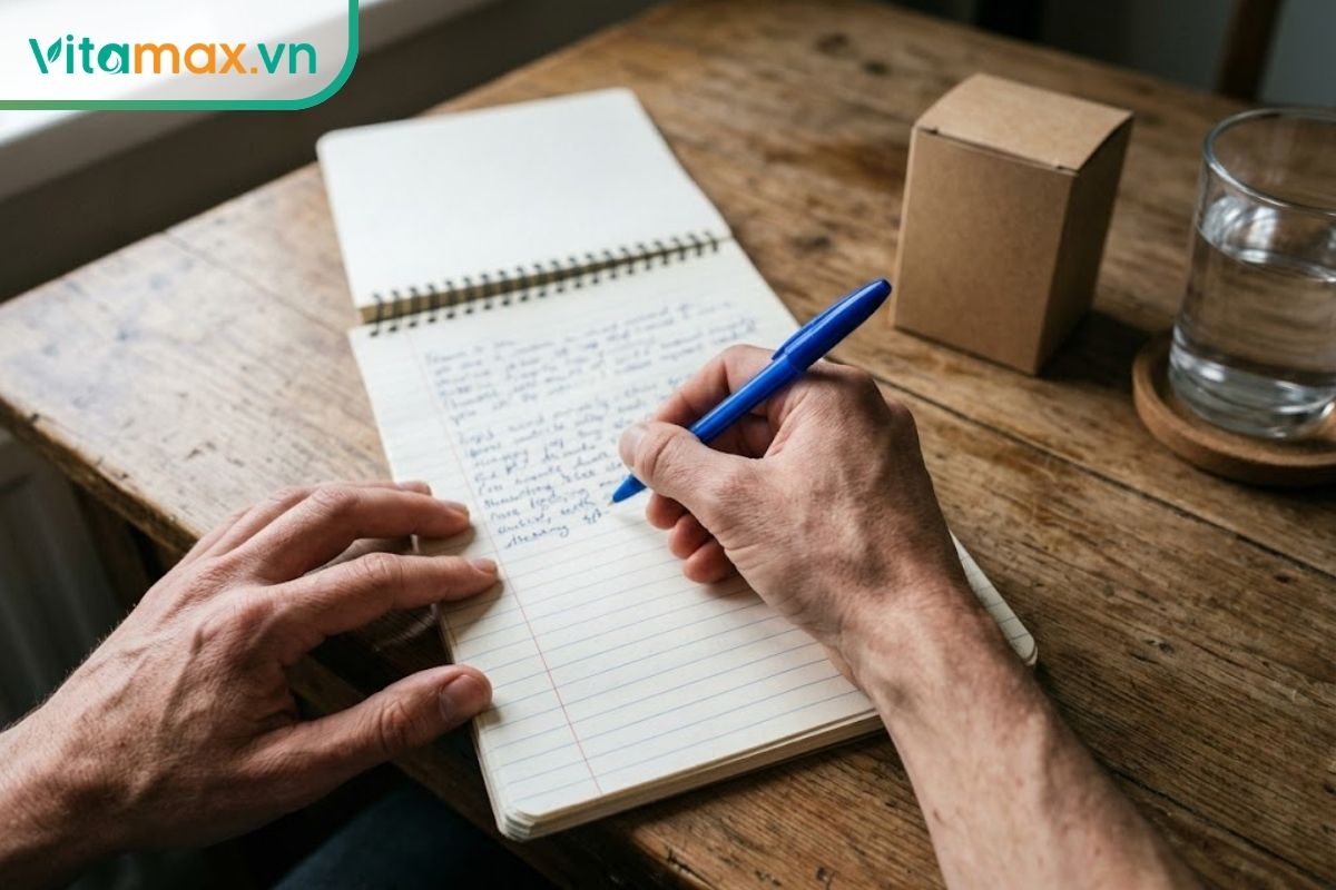 Cận cảnh đôi bàn tay đang cầm bút bi ghi chép vào một cuốn sổ tay nhỏ trên mặt bàn, bên cạnh là một hộp thực phẩm bổ sung đã được làm mờ nhãn mác.