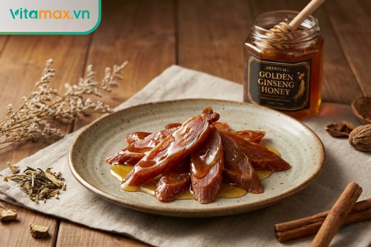 đĩa sâm lát tẩm mật ong hàn quốc màu nâu vàng óng ả được bày trí sang trọng