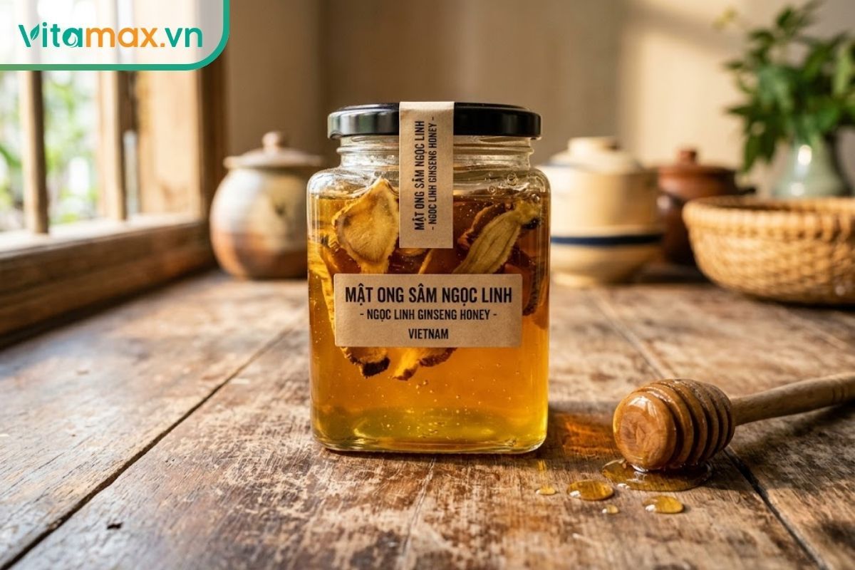 Cận cảnh hũ sâm Ngọc Linh ngâm mật ong chất lượng cao với các lát sâm vàng óng, minh họa mức giá sâm ngọc linh ngâm mật ong uy tín trên thị trường 2026.