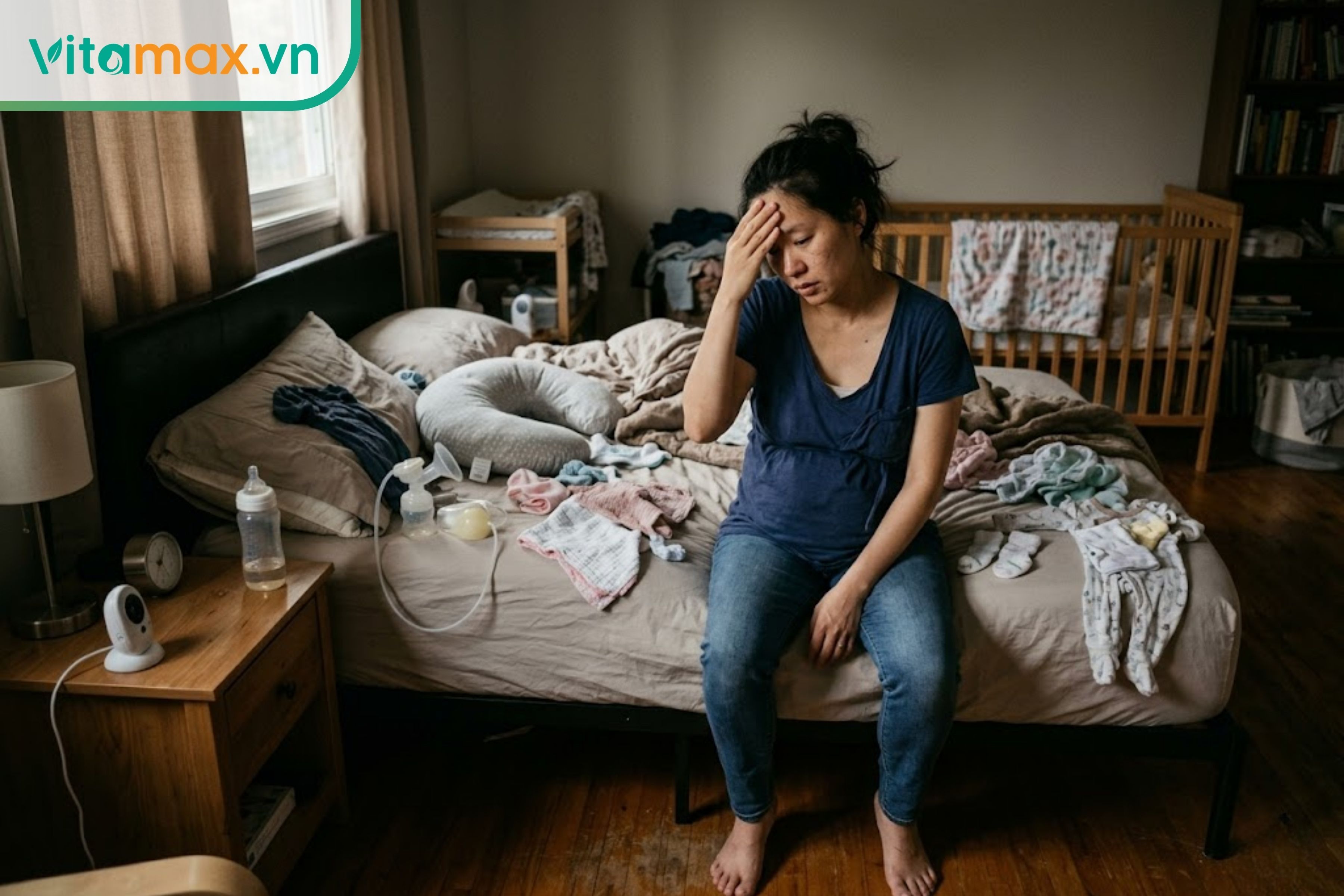 Hình ảnh chân thực của một người mẹ bỉm sữa trông có vẻ mệt mỏi và đang cần được nghỉ ngơi, thư giãn sau thời gian chăm con.
