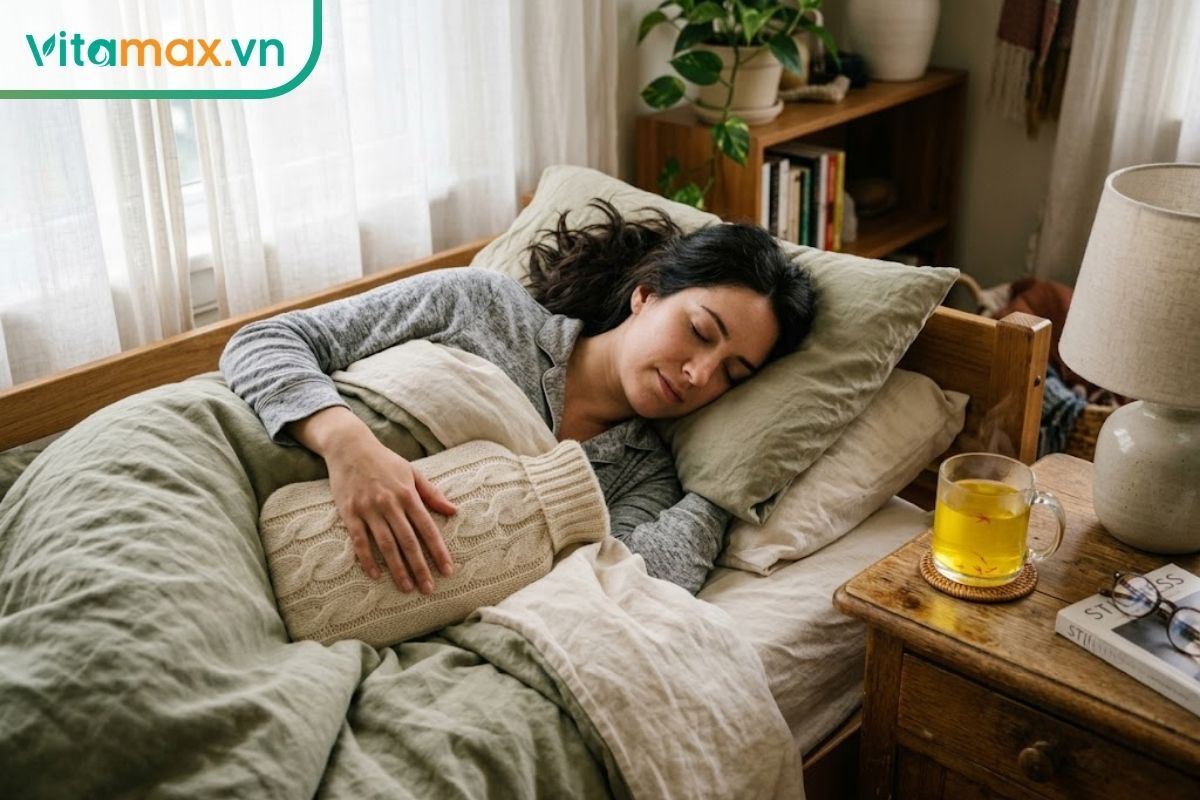 Phụ nữ nằm cuộn tròn trên giường êm ái, đang ôm một túi chườm nóng trên bụng, trên tủ đầu giường cạnh đó là một tách trà saffron màu vàng.