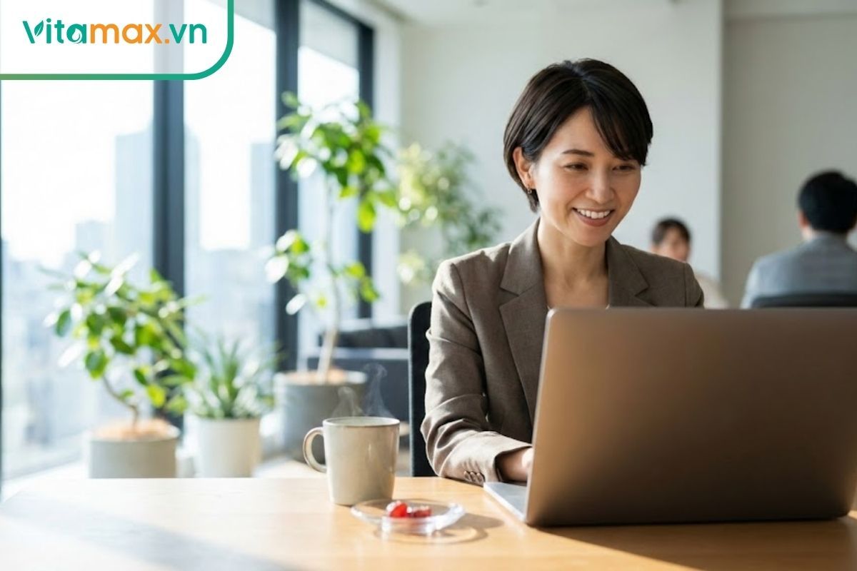 Nữ nhân viên văn phòng làm việc tập trung và tràn đầy năng lượng nhờ sử dụng thực phẩm hỗ trợ sức khỏe.