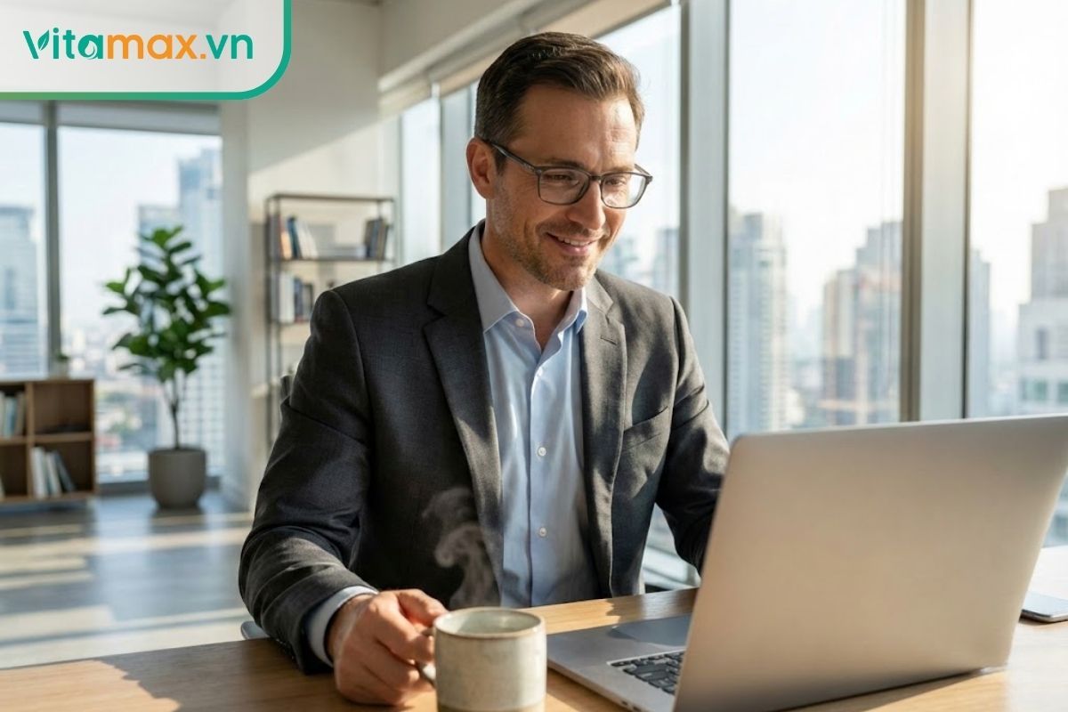 Nam giới văn phòng đang làm việc tập trung và thư thái bên máy tính, minh họa tác dụng giảm căng thẳng của đông trùng hạ thảo.