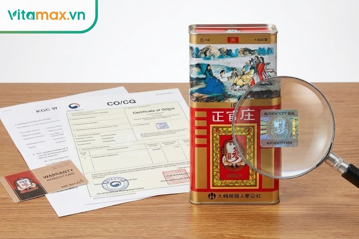 hộp thiên sâm hàn quốc chính hãng (loại củ khô) đặt cạnh bộ giấy chứng nhận nguồn gốc CO/CQ và tem bảo đảm chất lượng